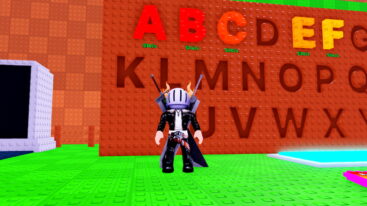 Roblox Collect The Alphabet Avatar Wearing Silver Helmet Black Clothes Two Giant Swords On Back Standing Near Board Of Letters
