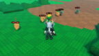 Roblox Defend My Ring Farm Avatar Wearing Silver Helmet Black Clothes Two Giant Swords On Back Standing As My Vegetable Army Are Charging Towards Zombies
