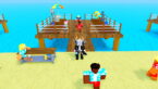 Roblox Dig Clean Avatar Wearing Silver Helmet Black Clothes Two Giant Swords On Back Standing Near Wooden Pier Filled With Npcs Browsing Floating Items