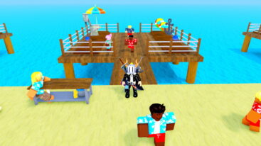 Roblox Dig Clean Avatar Wearing Silver Helmet Black Clothes Two Giant Swords On Back Standing Near Wooden Pier Filled With Npcs Browsing Floating Items