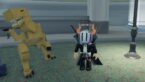 Roblox Dino World Avatar Wearing Silver Helmet Black Clothes Two Giant Swords On Back Standing Near Dancing Dinosaur