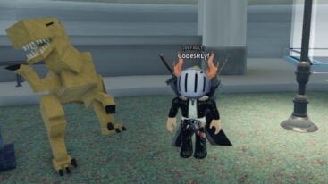 Roblox Dino World Avatar Wearing Silver Helmet Black Clothes Two Giant Swords On Back Standing Near Dancing Dinosaur