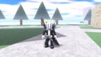 Roblox Escape Huss Valley Avatar Wearing Silver Helmet Black Clothes Two Giant Swords On Back Standing On Path With Triangle Trees In Background