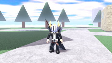 Roblox Escape Huss Valley Avatar Wearing Silver Helmet Black Clothes Two Giant Swords On Back Standing On Path With Triangle Trees In Background
