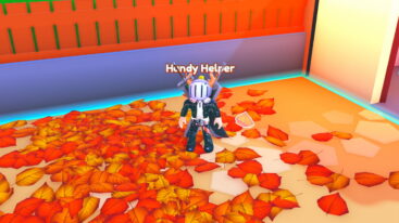 Roblox Garden Cleaner Evolution Avatar Wearing Silver Helmet Black Clothes Two Giant Swords On Back Standing In A Pile Of Autumn Leaves