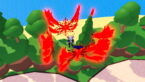 Roblox Gem Tappers X Avatar Wearing Silver Helmet Black Clothes Two Giant Swords On Back Surrounded By Red Winged Giant Pets In Small Forest Near Beach