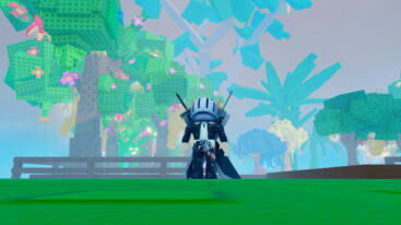 Roblox Greedy Growers Avatar Wearing Silver Helmet Black Clothes Two Giant Swords On Back Standing Before Garden Filled With Different Types Of Trees Blue Yellow And More