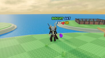 Roblox Grow A Chicken Fighter Avatar Wearing Silver Helmet Black Clothes Two Giant Swords On Back Standing Next To A Purple Little Chicken Called Biscuit Who Is Level 7