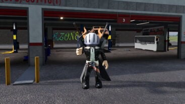 Roblox Junk Mechanics Avatar Wearing Silver Helmet Black Clothes Two Giant Swords On Back Holding A Wrench In Right Hand Standing Before A Garage