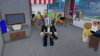 Roblox Karinderya Avatar Wearing Silver Helmet Black Clothes Two Giant Swords On Back Standing In Restaurant As Customers Are Seated And Waiting To Be Seated