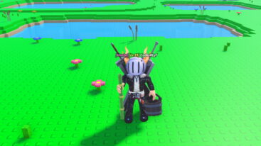 Roblox Lake Sipping Avatar Wearing Silver Helmet Black Clothes Two Giant Swords On Back Holding A Green Straw And Bucket In Either Hand Near A Lake