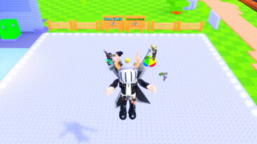 Roblox Lowball Avatar Wearing Silver Helmet Black Clothes Two Giant Swords On Back Jumping As Two Avatars Look At Items To Buy On The Floor