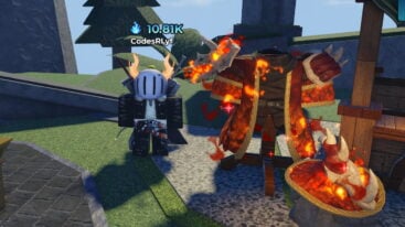 Roblox Magic Loot Avatar Wearing Silver Helmet Black Clothes Two Giant Swords On Back Standing Near Flaming Wizard Robes And Hat