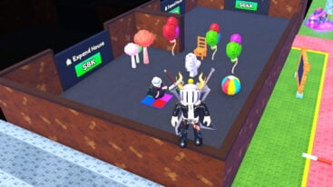Roblox Make A Party Avatar Wearing Silver Helmet Black Clothes Two Giant Swords On Back Standing On Wall As Tons Of Party Items Are Behind Balloons And More