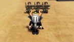 Roblox Military Army Tycoon Avatar Wearing Silver Helmet Black Clothes Two Giant Swords On Back Standing Before Three Soldiers In Army Clothing Standing In Desert