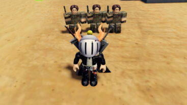 Roblox Military Army Tycoon Avatar Wearing Silver Helmet Black Clothes Two Giant Swords On Back Standing Before Three Soldiers In Army Clothing Standing In Desert
