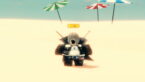 Roblox Mog Or Die Big Avatar Wearing Silver Helmet Black Clothes Two Giant Swords On Back Standing On Beach Near Parasols
