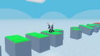 Roblox Pop For Free Avatar Wearing Silver Helmet Black Clothes Two Giant Swords On Back Standing On Green Gray Floating Platform