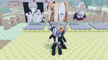 Roblox Roll For Chiikawa Avatar Wearing Silver Helmet Black Clothes Two Giant Swords On Back Looking Standing Before Three Pieces Of Artwork