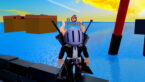 Roblox Samurai Duels Avatar Wearing Silver Helmet Black Clothes Two Giant Swords On Back Standing On Stone Ledge With Sea And Yellow Clouds Behind