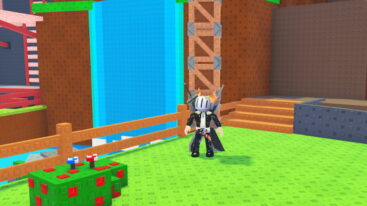 Roblox Sell Ores Avatar Wearing Silver Helmet Black Clothes Two Giant Swords On Back Standing Near Waterfall And Berry Bush With Multiple Crates Attached To Back