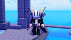 Roblox Snipers Vs Runners Avatar Wearing Silver Helmet Black Clothes Two Giant Swords On Back Standing Blue Portal And Clear Sky Behind