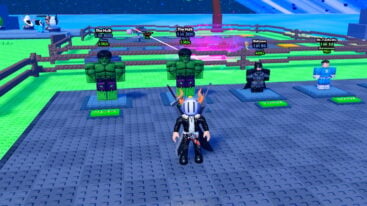 Roblox Spin A Superhero Avatar Wearing Silver Helmet Black Clothes Two Giant Swords On Back Standing Before Superheros