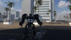 Roblox Steel Crossfire A Black Transformer Mech Standing In Middle Of Road Near Trees And Buildings
