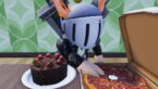 Roblox Stream A Mukbang Avatar Wearing Silver Helmet Black Clothes Two Giant Swords On Back Sitting Down Before A Chocolate Cake And A Pizza