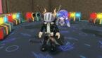 Roblox Vocaloid Tower Defense Avatar Wearing Silver Helmet Black Clothes Two Giant Swords On Back Standing Before A Circle Of Different Colored Arcade Machines