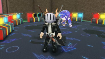 Roblox Vocaloid Tower Defense Avatar Wearing Silver Helmet Black Clothes Two Giant Swords On Back Standing Before A Circle Of Different Colored Arcade Machines