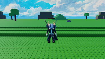 Roblox Win A World Championship Avatar Wearing Silver Helmet Black Clothes Two Giant Swords On Back Standing On Green Field