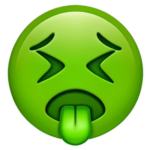 Disgusted green emoji face with closed eyes and tongue sticking out