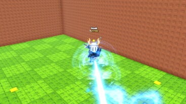 Roblox 1 Loot To Forge Avatar Wearing Silver Helmet Black Clothes Two Giant Swords On Back Firing A Blue Boom Out Of Sword