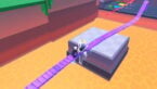 Roblox 1 Tongue Escape Avatar Wearing Silver Helmet Black Clothes Two Giant Swords On Back Riding A Purple Tongue Slide Over Lava
