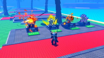 Roblox Anime Dice Avatar Wearing Silver Helmet Black Clothes Two Giant Swords On Back Standing On Red Carpet With Characters All With Different Auras