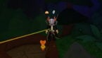 Roblox Anomaly Cafe Avatar Wearing Silver Helmet Black Clothes Two Giant Swords On Back Standing On Edge Of Tree Trunk Near Orange Pet Npc