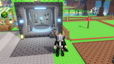 Roblox Build A Golem Avatar Wearing Silver Helmet Black Clothes Two Giant Swords On Back Standing Before Golem Parts In A Machine