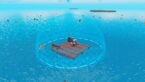 Roblox Build And Defend Your Raft Avatar Wearing Silver Helmet Black Clothes Two Giant Swords On Back Manning The Helm Of The Wooden Raft Within A Blue Shield Bubble On Ocean