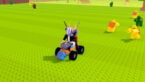 Roblox Build And Kill Zombies Avatar Wearing Silver Helmet Black Clothes Two Giant Swords On Back Driving A Yellow Car With Yellow And Green Zombies