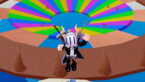 Roblox Car Duels Avatar Wearing Silver Helmet Black Clothes Two Giant Swords On Back As Mini Cars Fight On A Roulette Wheel