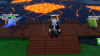 Roblox Catch Dragons To Defend Avatar Wearing Silver Helmet Black Clothes Two Giant Swords On Back Standind On Wooden Platform As Two Dragons Watch Over A Volcanic Biome