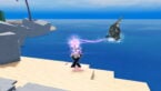 Roblox Fishing Master Avatar Wearing Silver Helmet Black Clothes Two Giant Swords On Back Holding Pink Aura Rod As A Giant Fish Jumps Out Of Ocean