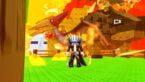Roblox Jump To Steal An Egg Avatar Wearing Silver Helmet Black Clothes Two Giant Swords On Back Standing Outside Pen Filled With Giant Pets Animals