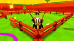 Roblox Jump For Animals Avatar Wearing Silver Helmet Black Clothes Two Giant Swords On Back Standing In Pen With A Chicken And Wolf