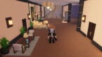 Roblox Luxury Igloo Tycoon Avatar Wearing Silver Helmet Black Clothes Two Giant Swords On Back Standing Inside A Luxury Hallway With Tables Sofas And More