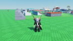 Roblox Mini Race Avatar Wearing Silver Helmet Black Clothes Two Giant Swords On Back Standing Before Tons Of Buildings