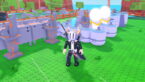 Roblox My Seafood Stand Avatar Wearing Silver Helmet Black Clothes Two Giant Swords On Back Standing Before High Tech Grills For Cooking Seafood