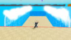 Roblox Open Sea For Animals Avatar Wearing Silver Helmet Black Clothes Two Giant Swords On Back Standing In Front Of A Parted Sea