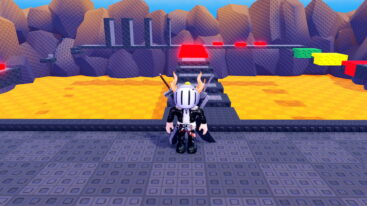 Roblox Pass Or Explode Avatar Wearing Silver Helmet Black Clothes Two Giant Swords On Back Standing Before Obby Platforms Over A Lava Pit